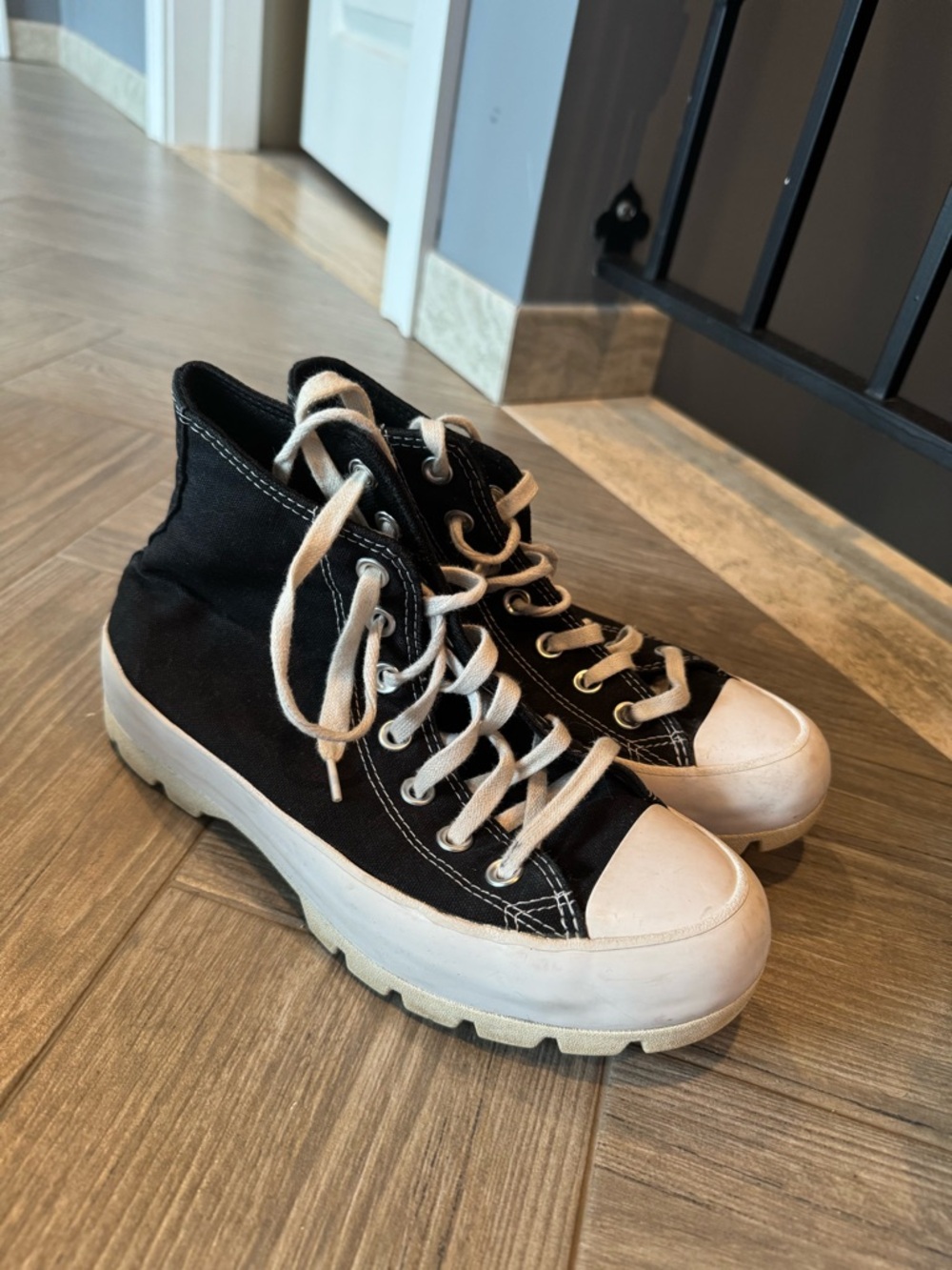 Black Canvas High-Top Sneakers with White Thick Sole